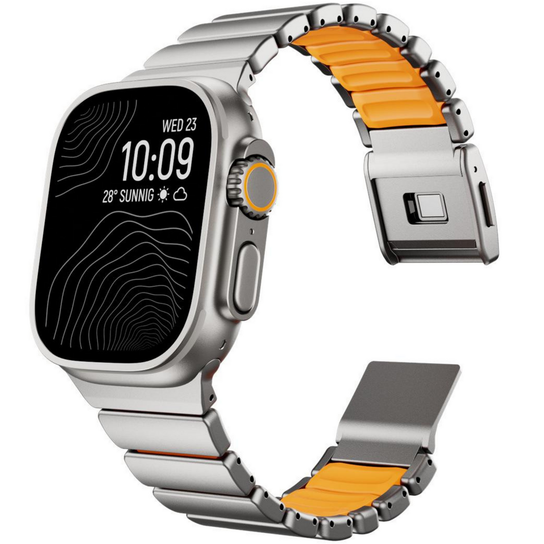 Premium Stainless Steel / Siliconen band - Titanium met oranje - Geschikt voor Apple Watch 44mm / 45mm&nbsp;/ 46mm / 49mm