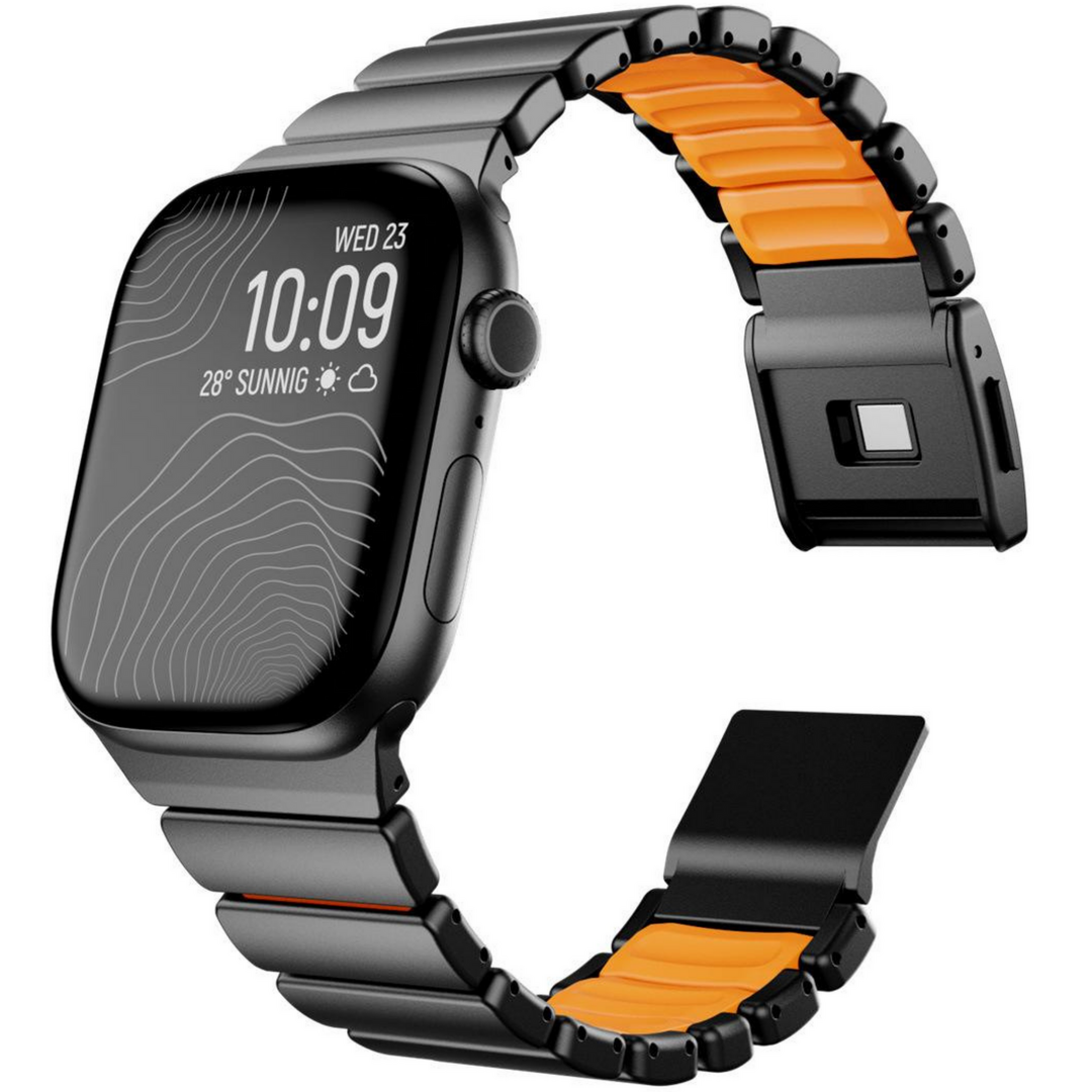 Premium Stainless Steel / Siliconen band - Zwart met oranje - Geschikt voor Apple Watch 44mm / 45mm&nbsp;/ 46mm / 49mm