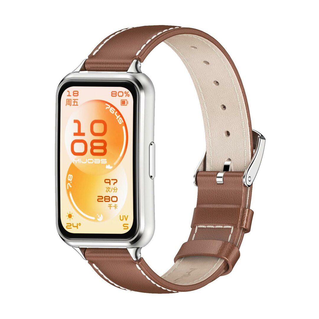 Leren bandje - Bruin (zilveren connector) - Huawei Band 11 / 11 pro