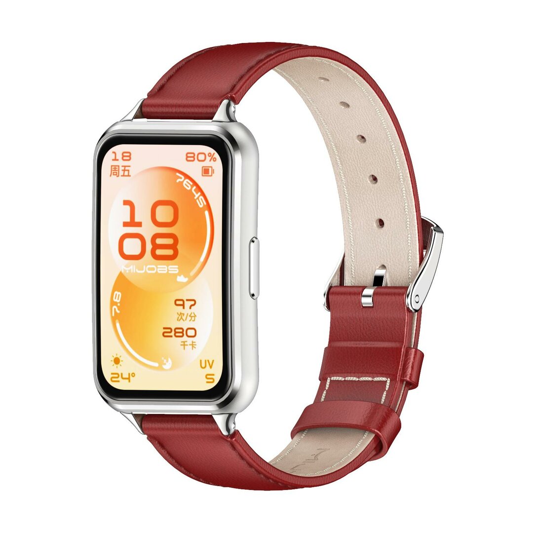 Leren bandje - Rood (zilveren connector) - Huawei Band 11 / 11 pro