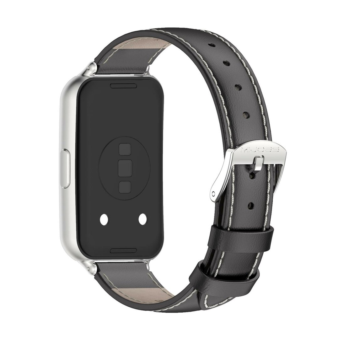 Leren bandje - Zwart (zilveren connector) - Huawei Band 11 / 11 pro
