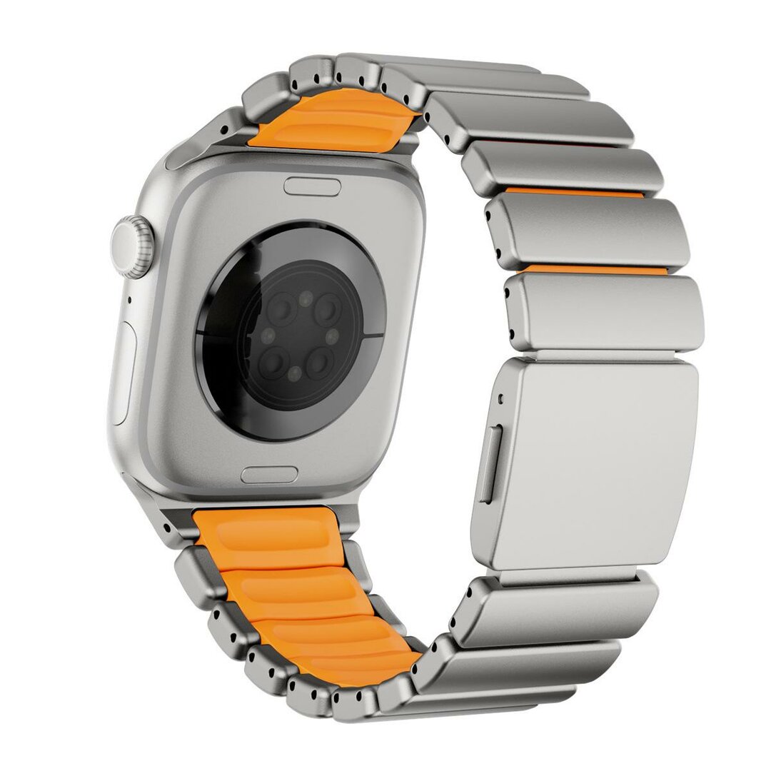 Premium Stainless Steel / Siliconen band - Titanium met oranje - Geschikt voor Apple Watch 44mm / 45mm&nbsp;/ 46mm / 49mm