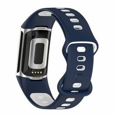 FitBit Charge 5 &amp; 6 Sportbandje met dubbele lus - Donkerblauw / wit - Tweekleurig - Maat: L