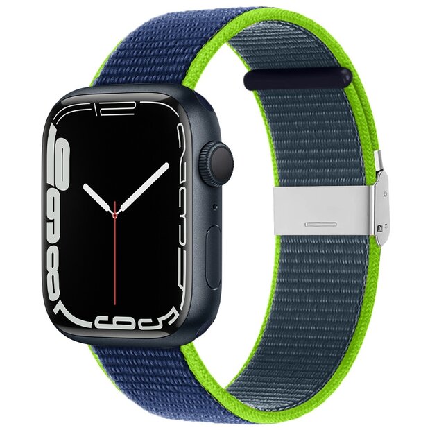 Nylon bandje met klemsluiting - Donkerblauw met groen - Geschikt voor Apple Watch 38mm / 40mm / 41mm / 42mm