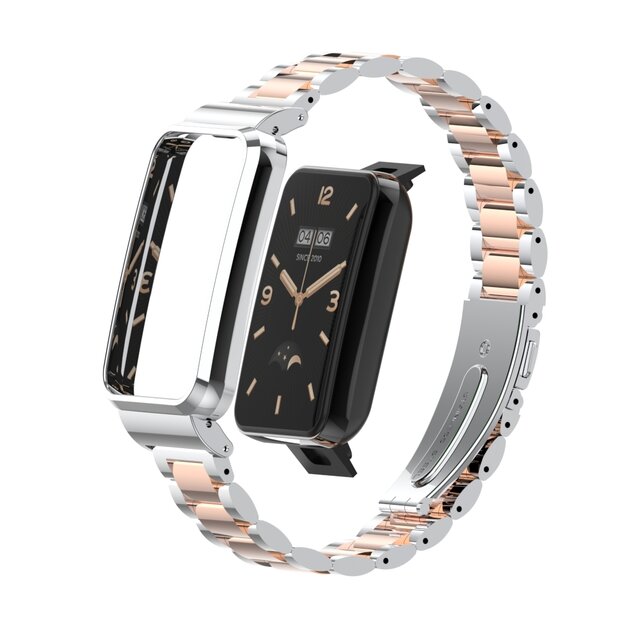 Metalen schakelband met case - Zilver met ros&eacute; goud - Xiaomi Smart band 7 Pro