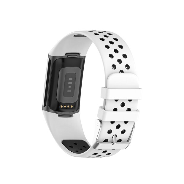 FitBit Charge 5 &amp; 6 Sportbandje met gesp - Wit / zwart - Tweekleurig - Maat: L