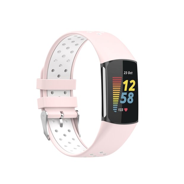 FitBit Charge 5 &amp; 6 Sportbandje met gesp - Roze / wit - Tweekleurig - Maat: L