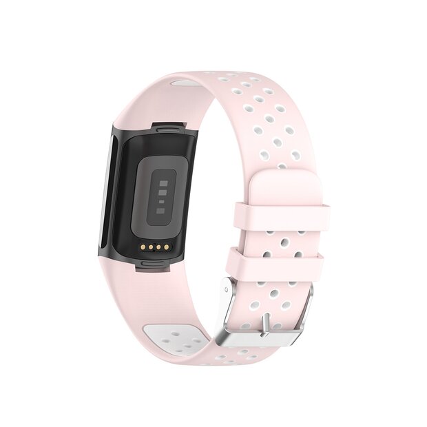 FitBit Charge 5 &amp; 6 Sportbandje met gesp - Roze / wit - Tweekleurig - Maat: L