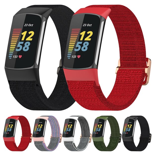 Fitbit Charge 5 &amp; 6 - Elastisch nylon bandje - Wit / grijs