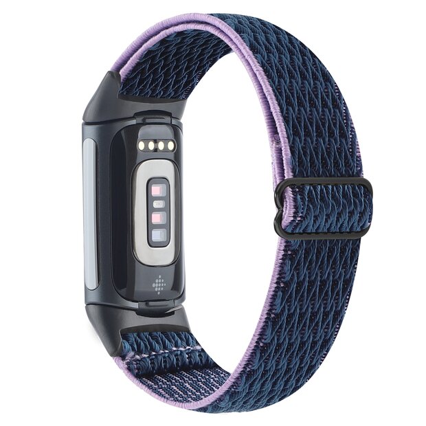 FitBit Charge 5 &amp; 6 Elastische solo loop nylon bandje - Donkerblauw met paars