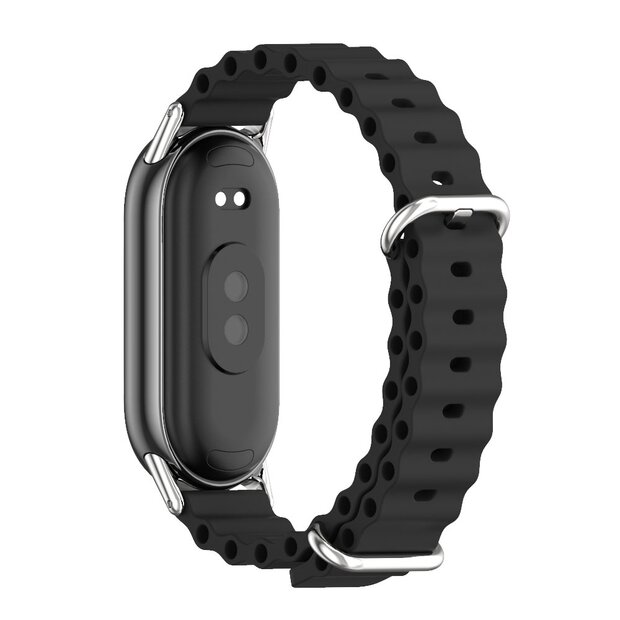 Ocean siliconen bandje - Zwart met zilveren aansluiting - Xiaomi Smart Band 8 / 9 / 10