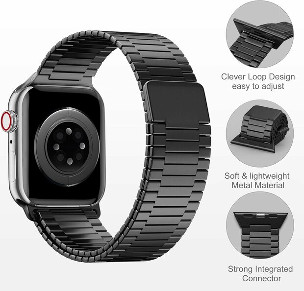Magnetische stalen band - Zeer sterke magneet - Zwart - Geschikt voor Apple Watch 44mm / 45mm&nbsp;/ 46mm / 49mm