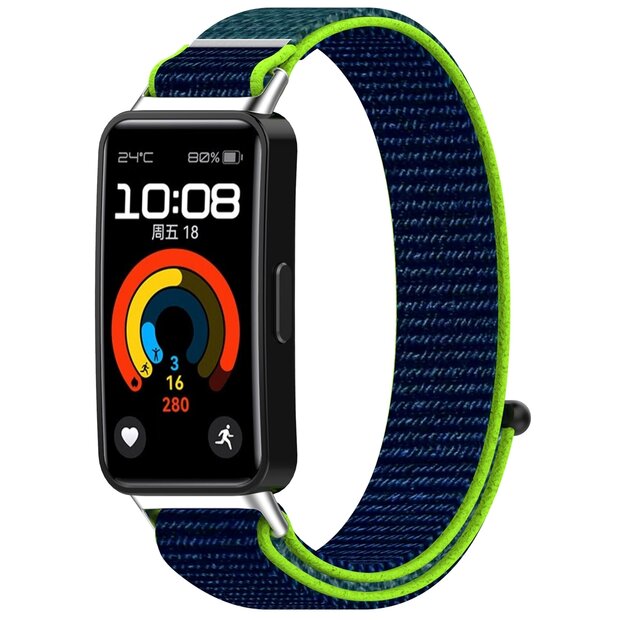 Sport loop nylon bandje - Donkerblauw met groen - Huawei Band 10 / 9 / 8