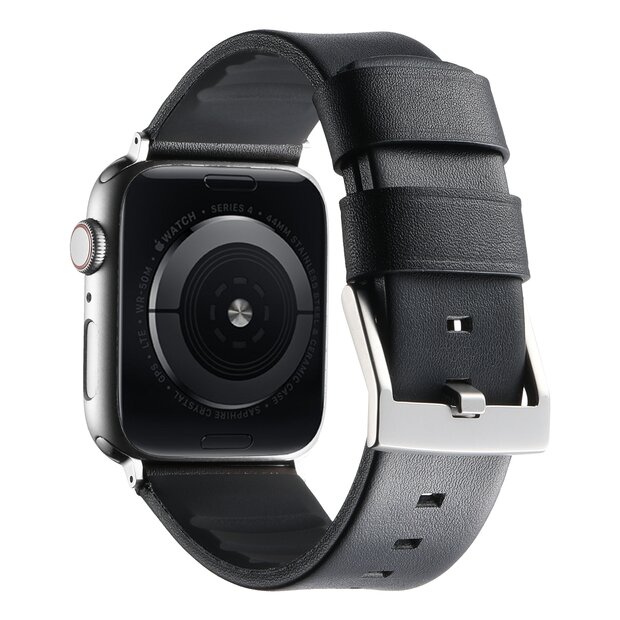 Leer + siliconen band - Zwart + zilveren aansluiting en gesp - Geschikt voor Apple Watch 44mm / 45mm&nbsp;/ 46mm / 49mm
