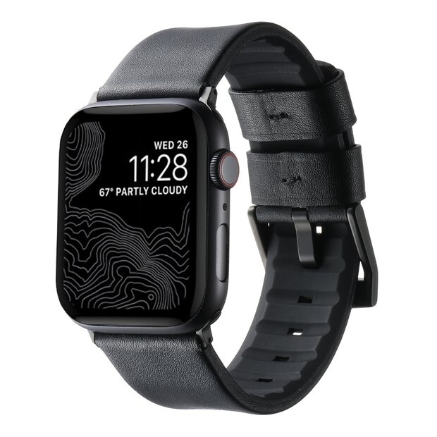 Leer + siliconen band - Zwart + zwarte aansluiting en gesp - Geschikt voor Apple Watch 44mm / 45mm&nbsp;/ 46mm / 49mm