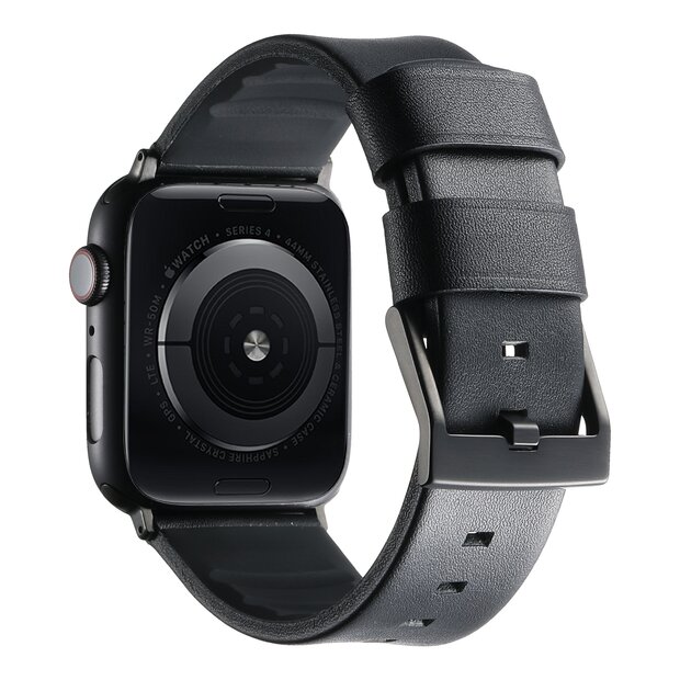Leer + siliconen band - Zwart + zwarte aansluiting en gesp - Geschikt voor Apple Watch 44mm / 45mm&nbsp;/ 46mm / 49mm