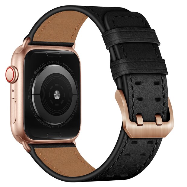 Leren band met twin gesp - Zwart met ros&eacute; gesp - Geschikt voor Apple Watch 44mm / 45mm / 46mm / 49mm