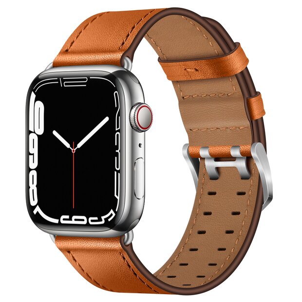 Leren band met twin gesp - Lichtbruin met zilveren gesp - Geschikt voor Apple Watch 38mm / 40mm / 41mm / 42mm