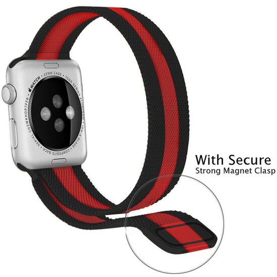 Milanese RVS bandje - Zwart met rood - Geschikt voor Apple Watch 42mm / 44mm / 45mm