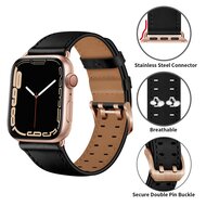 Leren band met twin gesp - Zwart met ros&eacute; gesp - Geschikt voor Apple Watch 38mm / 40mm / 41mm / 42mm