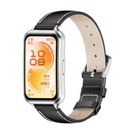 Leren bandje - Zwart (zilveren connector) - Huawei Band 11 / 11 pro