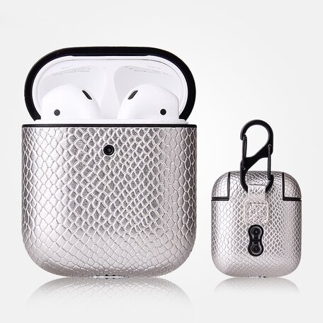 AirPods 1/2 hoesje PU Leer Slangenleer - Zilver