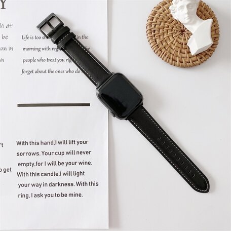 Premium Leather bandje - Zwart - Geschikt voor Apple Watch 42mm / 44mm / 45mm