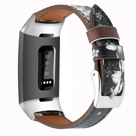 Fitbit Charge 3 & 4 Luxe Lederen bandje - Maat: Small - Bloemenprint grijs
