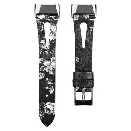 Fitbit Charge 5 bandje - PU leather - Zwart (bloemenprint)