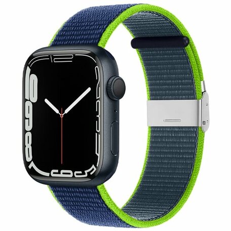 Nylon bandje met klemsluiting - Donkerblauw met groen - Geschikt voor Apple Watch 42mm / 44mm / 45mm / 49mm