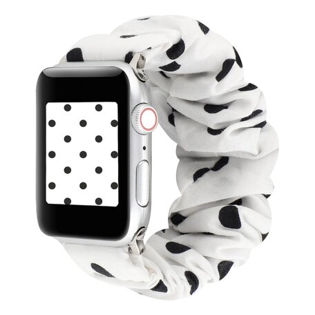 Elastisch scrunchie nylon bandje - Zwarte stippen - Geschikt voor Apple Watch 42mm / 44mm / 45mm / 49mm