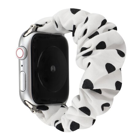 Elastisch scrunchie nylon bandje - Zwarte stippen - Geschikt voor Apple Watch 42mm / 44mm / 45mm / 49mm