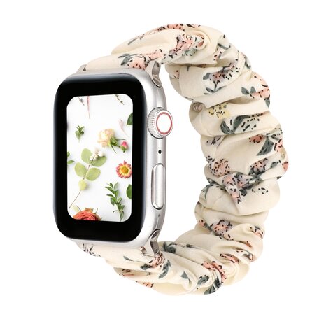 Elastisch scrunchie nylon bandje - Bloemenprint licht - Geschikt voor Apple Watch 42mm / 44mm / 45mm / 49mm