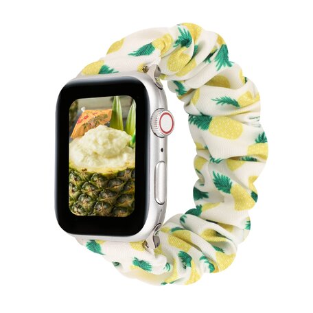 Elastisch scrunchie nylon bandje - Ananasprint - Geschikt voor Apple Watch 42mm / 44mm / 45mm / 49mm