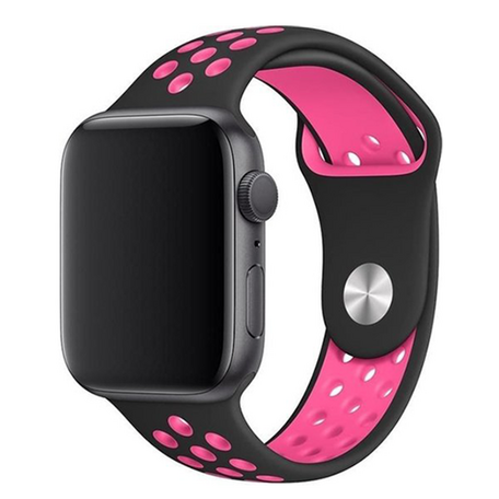 Sportbandje - Maat: M/L - Zwart + Roze - Geschikt voor Apple Watch 42mm / 44mm / 45mm / 49mm