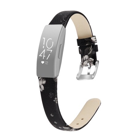 Fitbit Inspire 1 / HR / Ace 2 lederen bandje - Maat: Small - Zwart met bloem