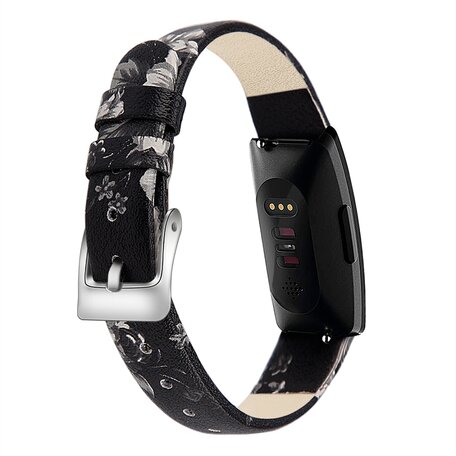 Fitbit Inspire 1 / HR / Ace 2 lederen bandje - Maat: Large - Zwart met bloem