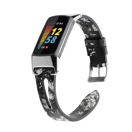 Fitbit Charge 5 bandje - PU leather - Zwart (bloemenprint)