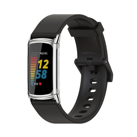 FitBit Charge 5 Extra soft siliconen bandje - Zwart + zilveren connector