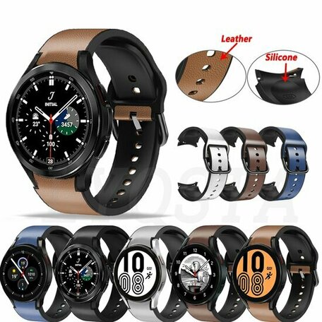 2 in 1 siliconen/ leren bandje - Donkerbruin - Samsung Galaxy Watch 4 Classic - 42mm & 46mm