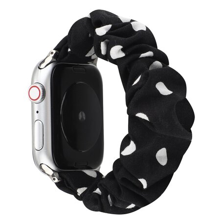 Elastisch scrunchie nylon bandje - Zwart met witte stippen - Geschikt voor Apple Watch 42mm / 44mm / 45mm / 49mm