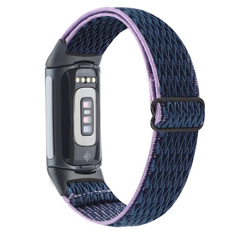 FitBit Charge 5 Elastische solo loop nylon bandje - Donkerblauw met paars