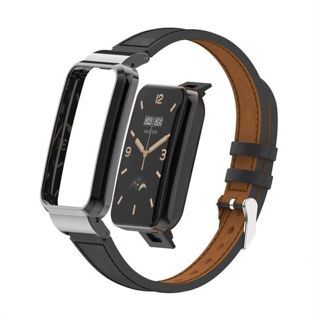 Classic leren bandje met case - Zwart - Xiaomi Smart band 7 Pro