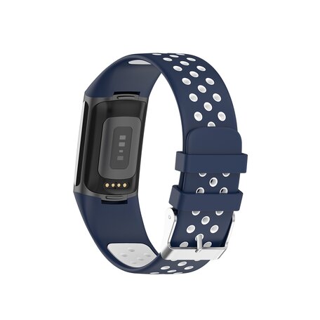 FitBit Charge 5 & 6 Sportbandje met gesp - Donkerblauw / wit - Tweekleurig - Maat: L