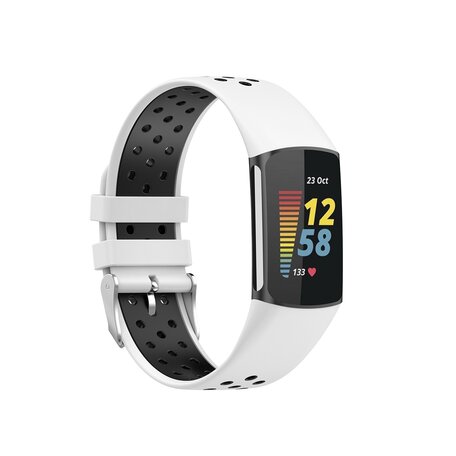 FitBit Charge 5 & 6 Sportbandje met gesp - Wit / zwart - Tweekleurig - Maat: L