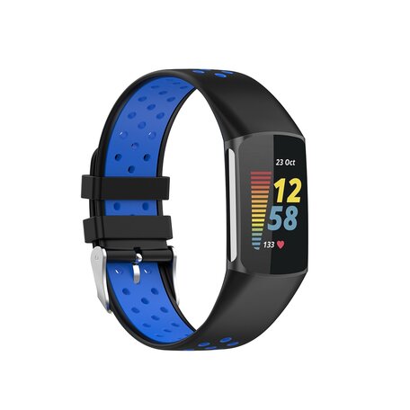 FitBit Charge 5 & 6 Sportbandje met gesp - Zwart / blauw - Tweekleurig - Maat: L