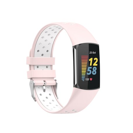 FitBit Charge 5 & 6 Sportbandje met gesp - Roze / wit - Tweekleurig - Maat: L