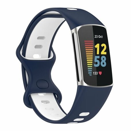 FitBit Charge 5 & 6 Sportbandje met dubbele lus - Donkerblauw / wit - Tweekleurig - Maat: L