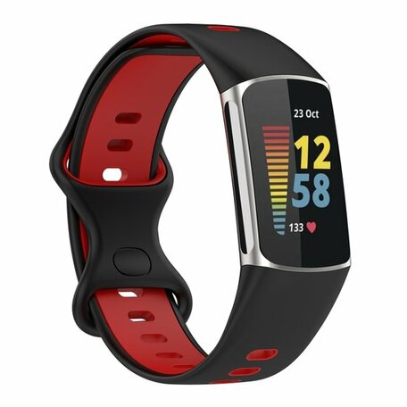 FitBit Charge 5 & 6 Sportbandje met dubbele lus - Zwart / rood - Tweekleurig - Maat: L