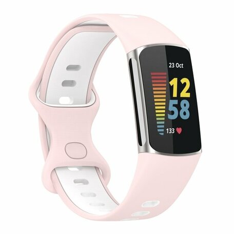 FitBit Charge 5 & 6 Sportbandje met dubbele lus - Roze / wit - Tweekleurig - Maat: L